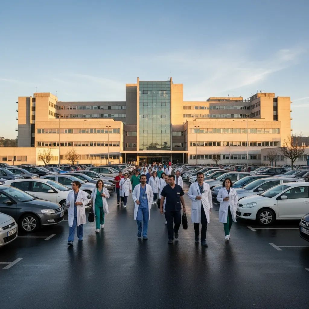 Healthcare workers at Hospital de Braga parking lot during morning shift, with hospital entrance visible in background