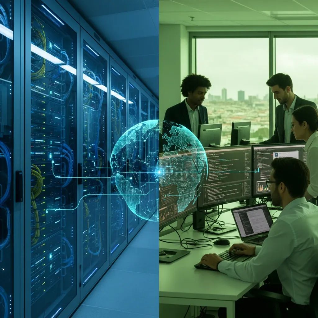 Data center infrastructure and Portuguese tech professionals representing global AI competition and digital sovereignty