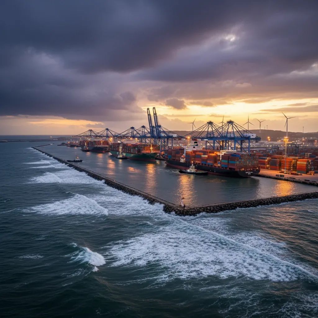 Busy international shipping port with container vessels and tankers, representing global energy trade disruptions