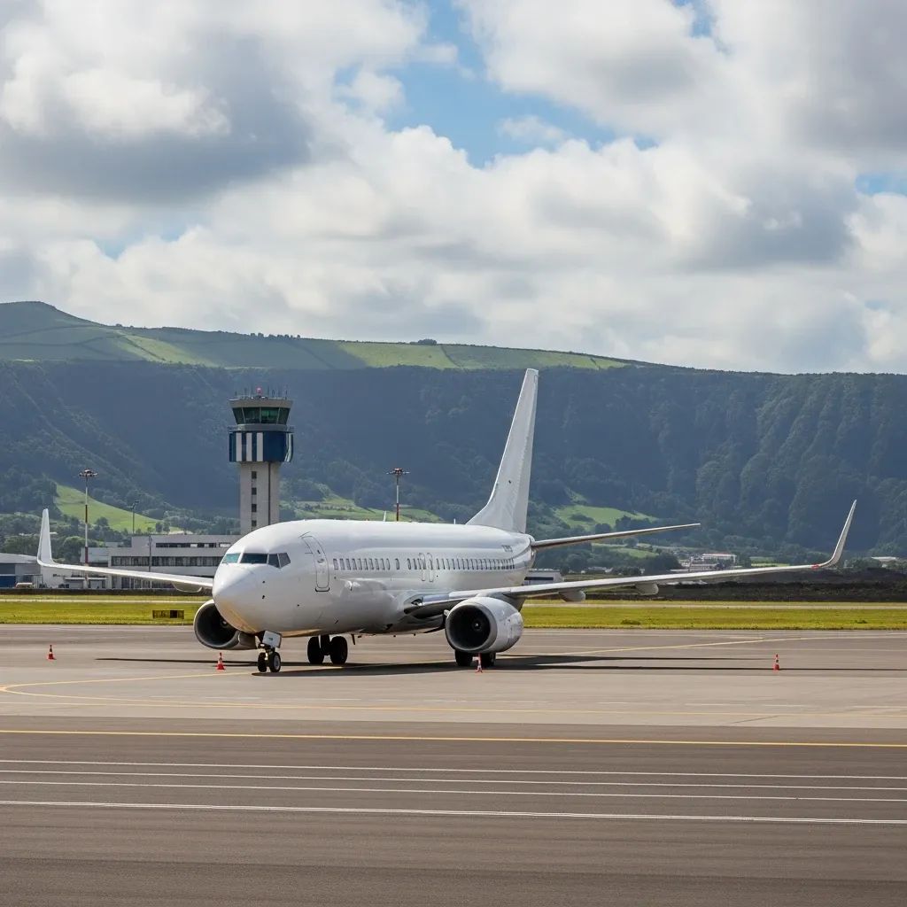 Commercial airplane on Azores airport runway with volcanic hills in the background