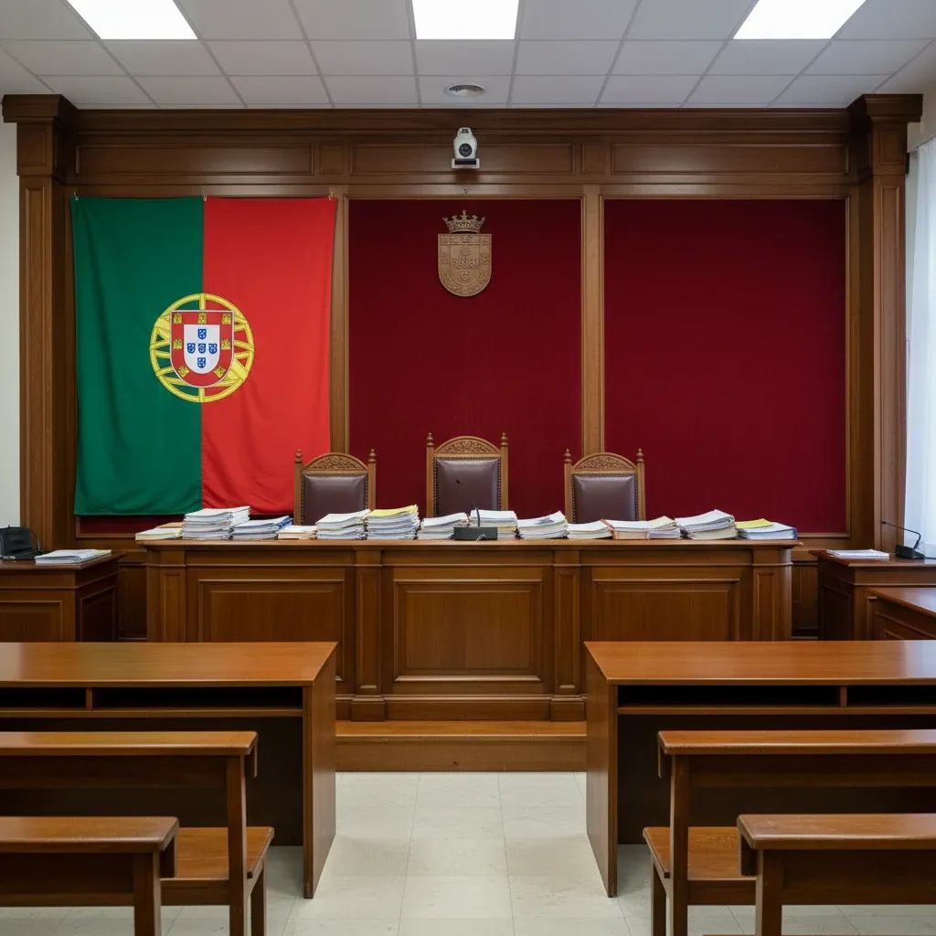 Portuguese courtroom with judicial bench and legal documents representing corruption trial proceedings