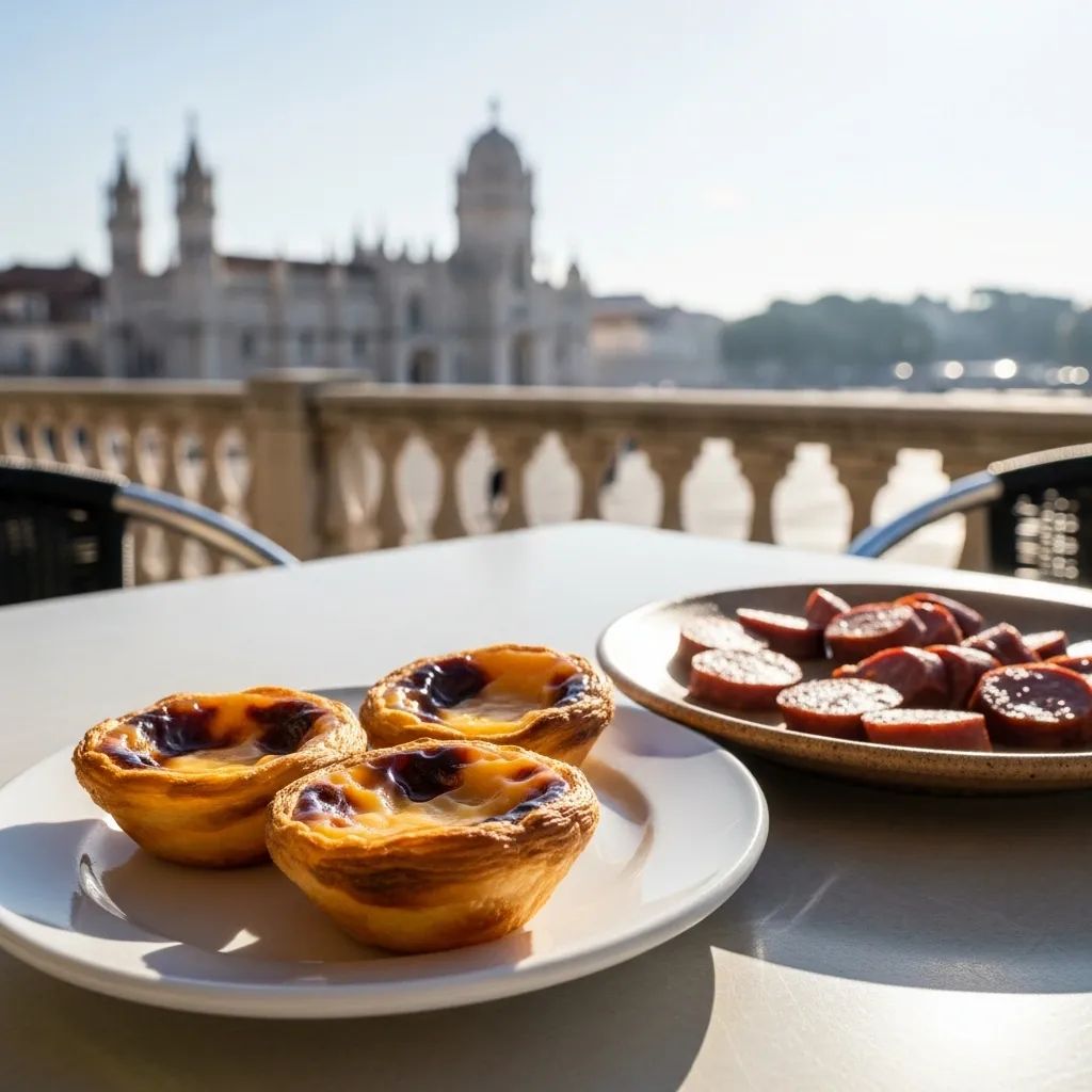Plate of pastel de Belém tarts and alheira sausage on an outdoor Lisbon café table