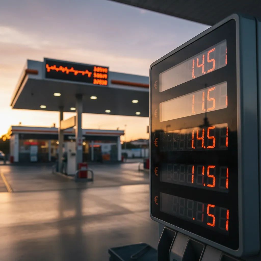 Digital fuel price display at Portuguese petrol station showing rising costs during energy crisis