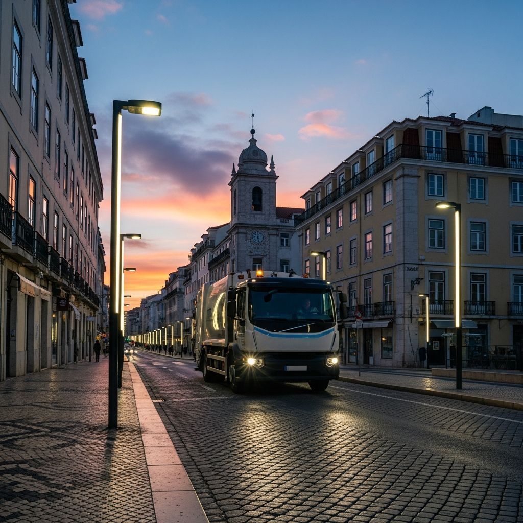 Electric garbage truck on a Lisbon street with LED streetlights at dawn