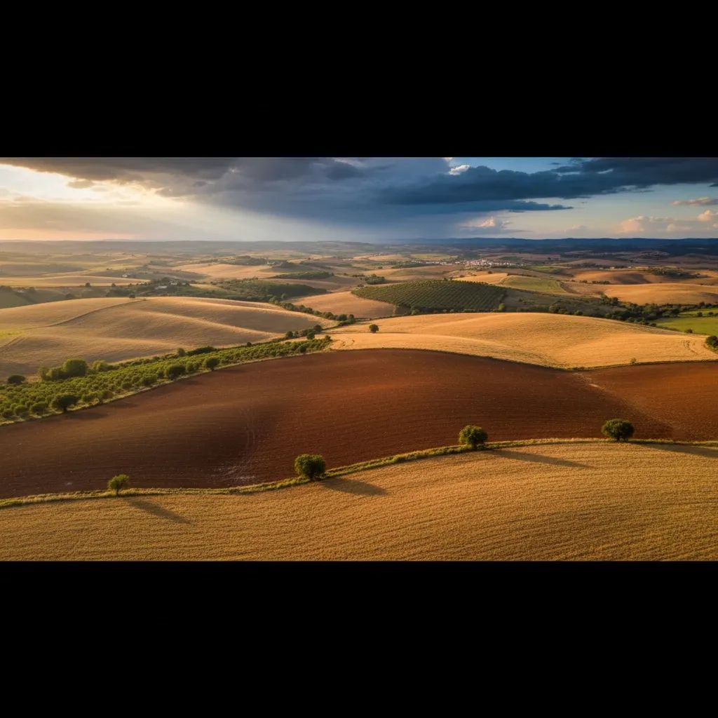 Portuguese farmland in Alentejo region with rolling hills and storm clouds clearing