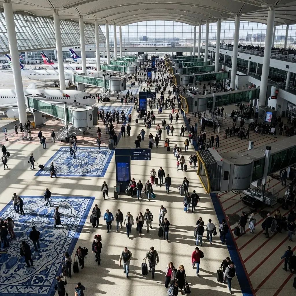 Aerial view of a busy airport terminal in Portugal with passengers and planes at gates