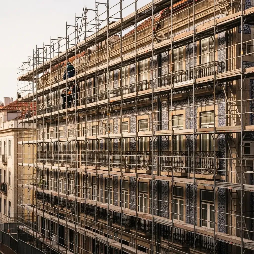 Scaffolding on a Portuguese apartment building undergoing renovation