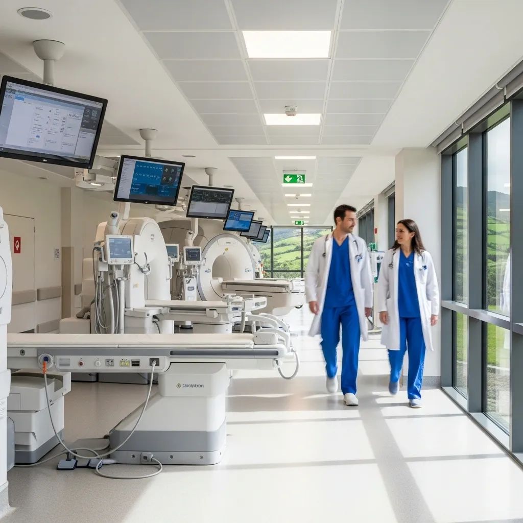Doctors walking through a modern Azores hospital corridor with diagnostic equipment and digital screens