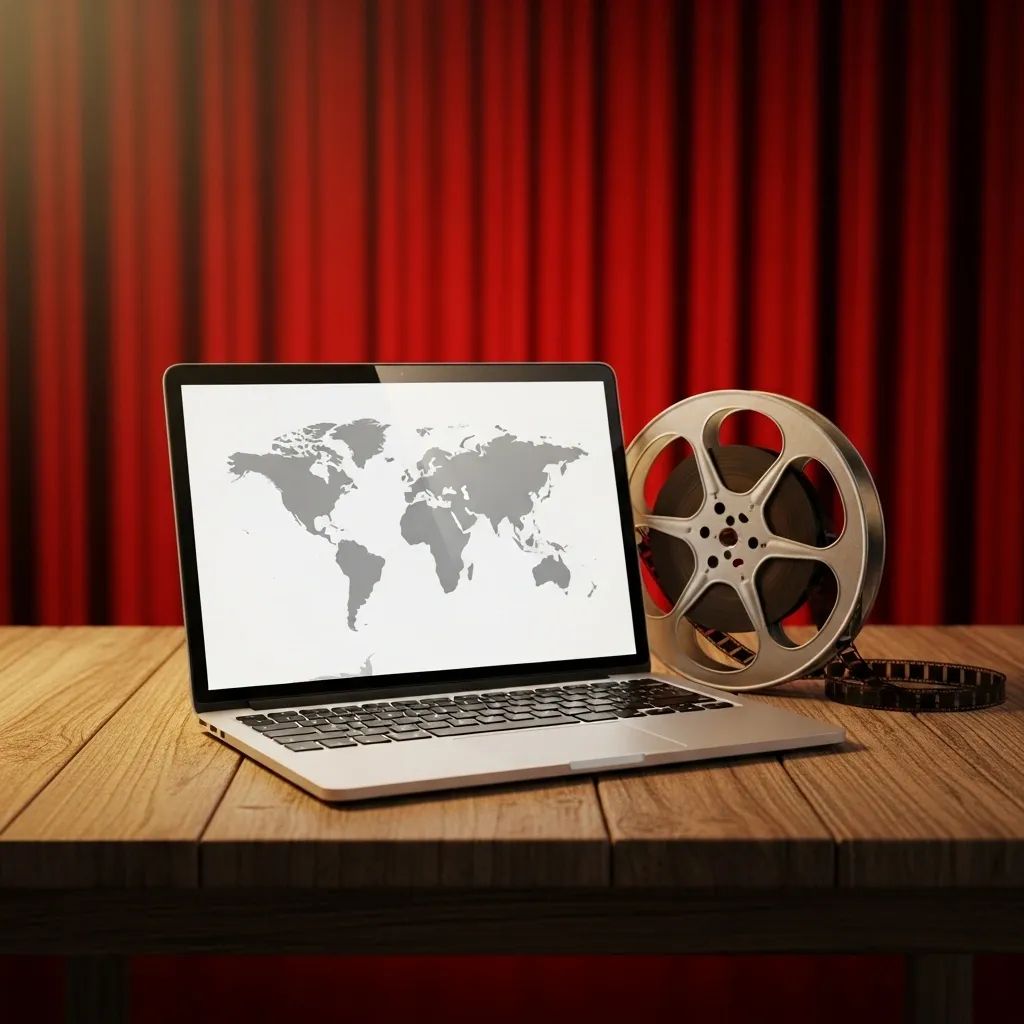 Laptop showing a world map interface beside a vintage film reel on a wooden table with a red cinema curtain backdrop
