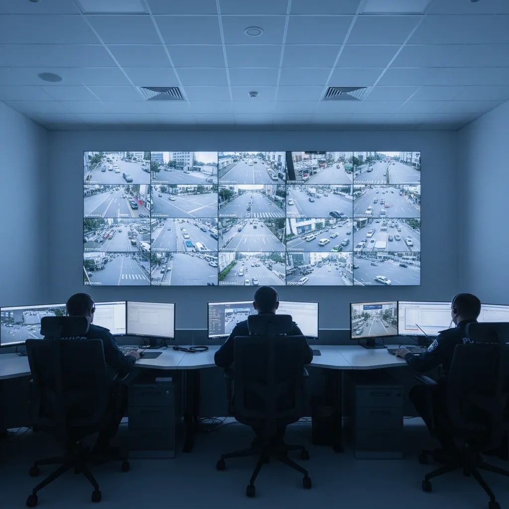 Police officers monitoring surveillance camera feeds in a modern control room