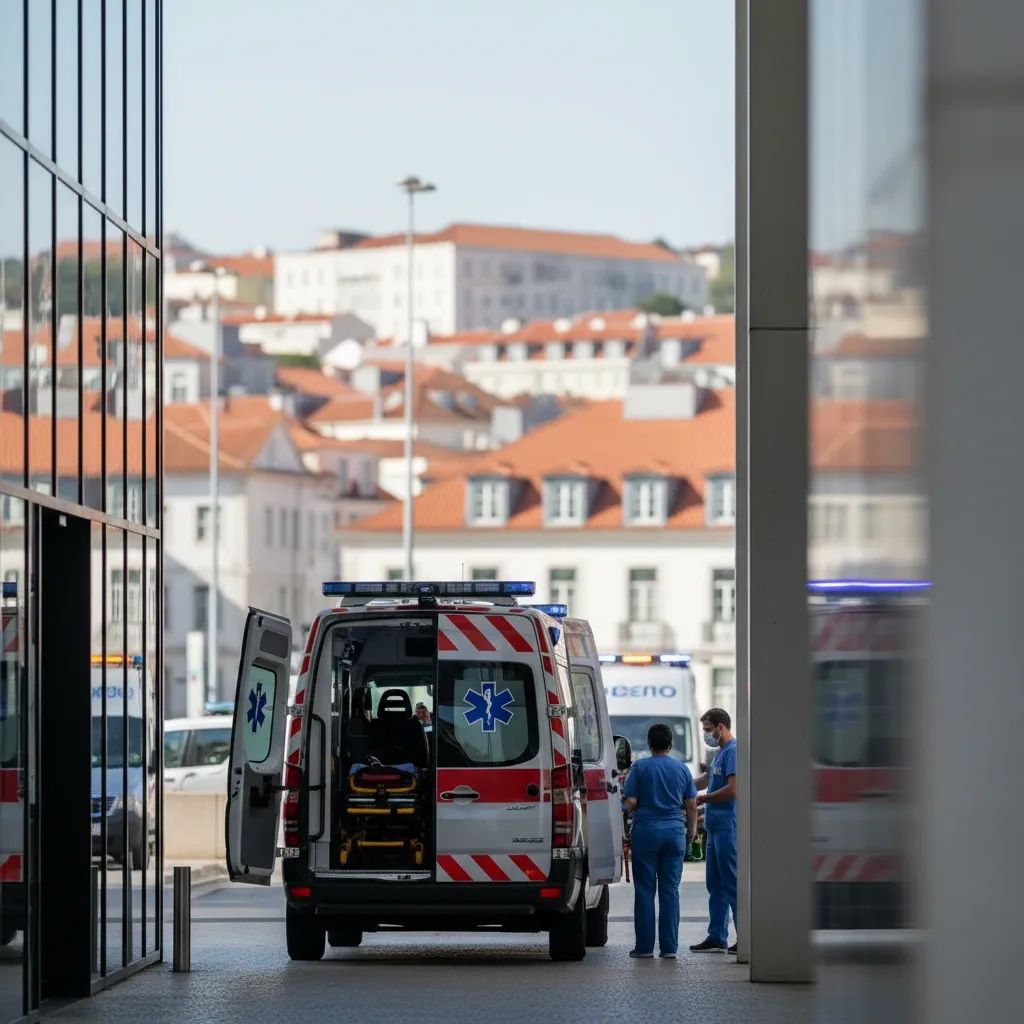 Portuguese emergency ambulance parked outside modern hospital facility in urban setting