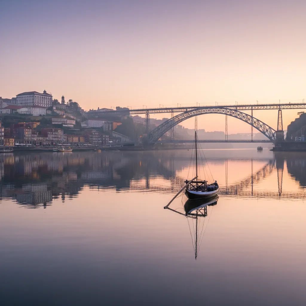 Traditional wooden boat on Porto's Douro River with Dom Luís I Bridge in the background during morning light