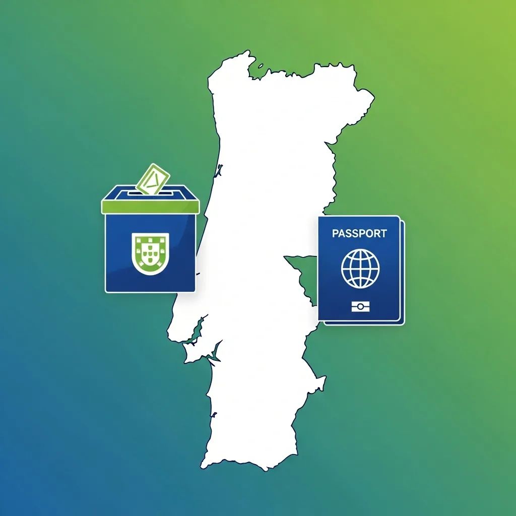 Infographic-style illustration of Portugal map with ballot box and passport icons representing election and immigration issues