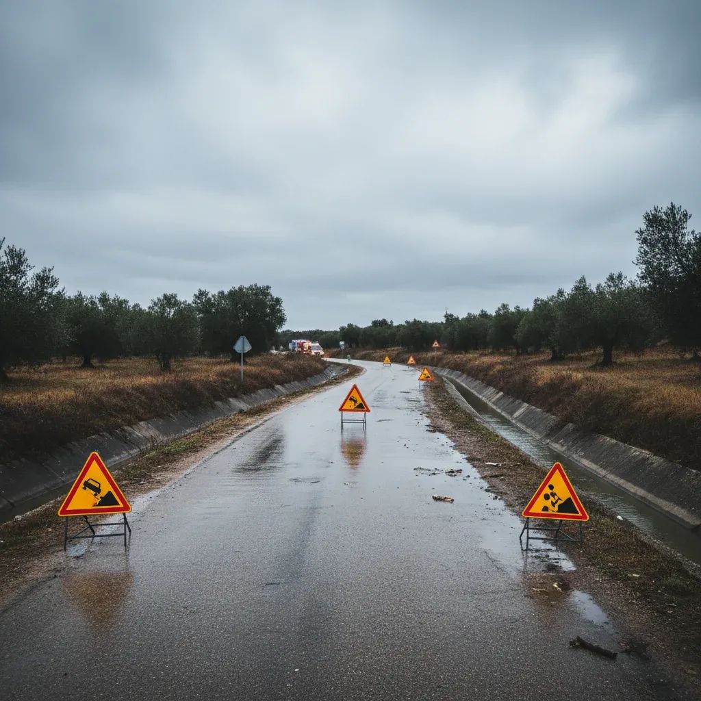 Rural Portuguese highway with safety warning signs and flooded drainage channel, illustrating road hazards in Penafiel area