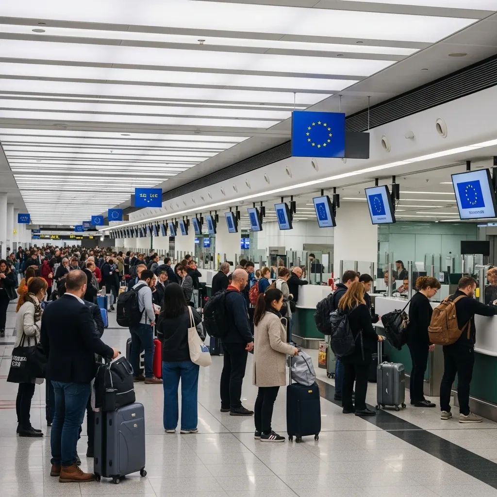Long queue of travellers at immigration counters in Lisbon airport