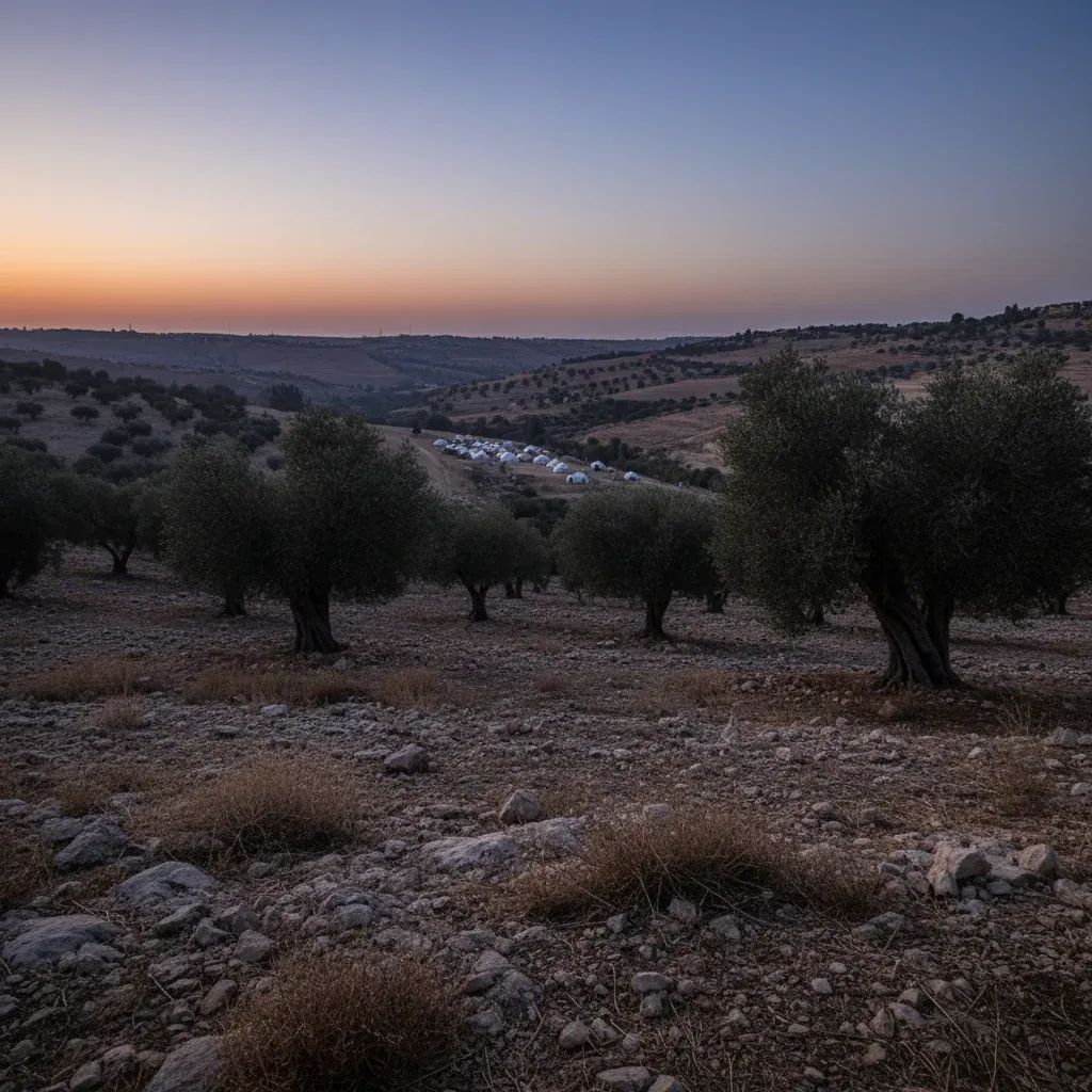 Palestinian West Bank hillside with humanitarian settlement in evening light, symbolic of conflict and vulnerability