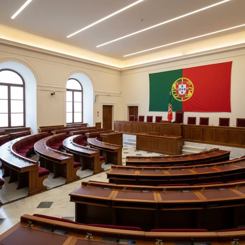 Portuguese regional parliament chamber with formal government seating and Portuguese flag visible