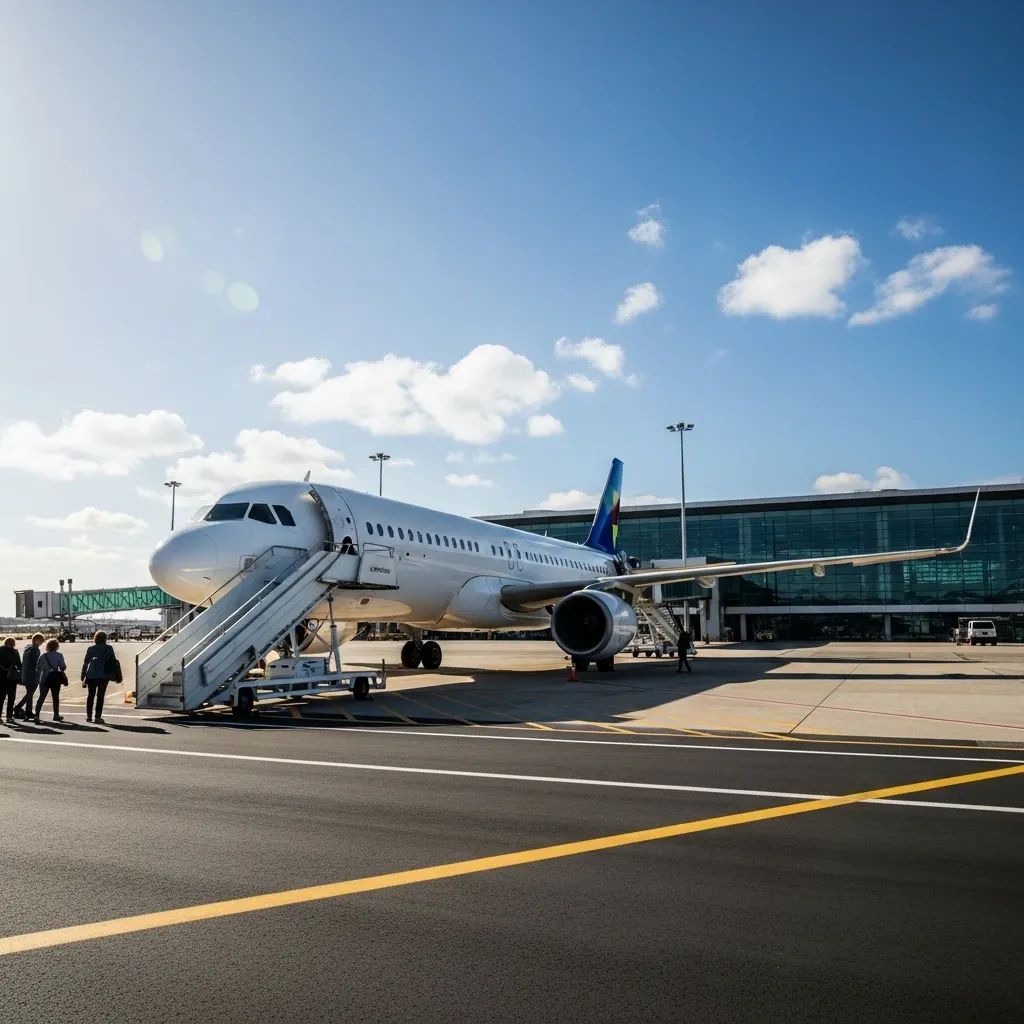 Commercial passenger jet at a Portuguese airport with boarding stairs and passengers