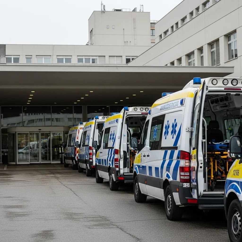 Ambulances parked outside a hospital entrance illustrating emergency service strain