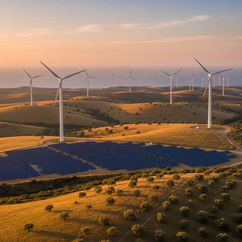 Portuguese countryside landscape with wind turbines and solar panels under bright sunlight