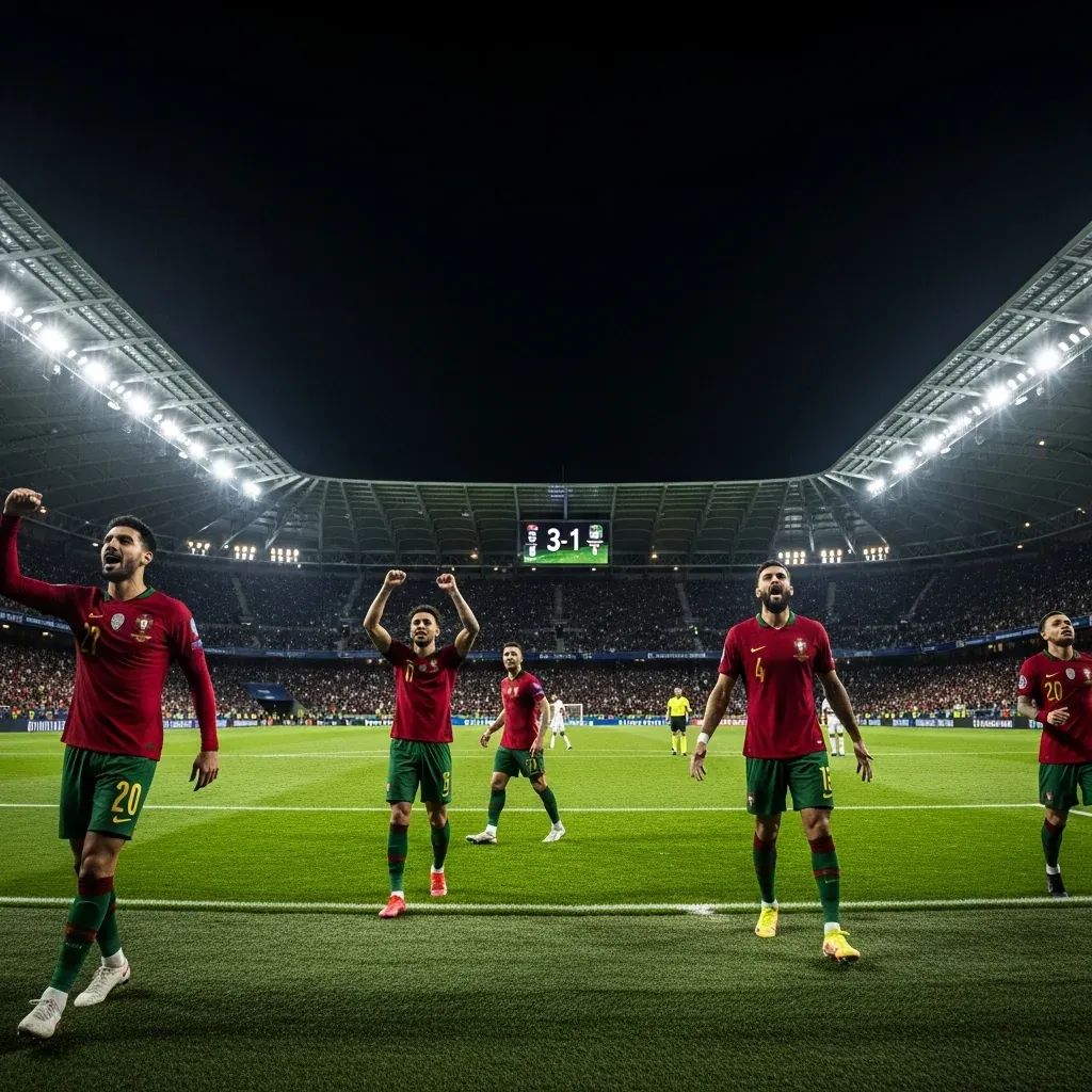 Players celebrating under floodlights at a Portuguese stadium after Vitória de Guimarães' 3-1 upset win