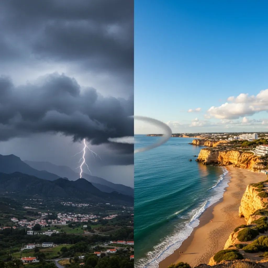 Portugal weather map showing rainy Northern regions with thunderstorms and sunny Southern Algarve
