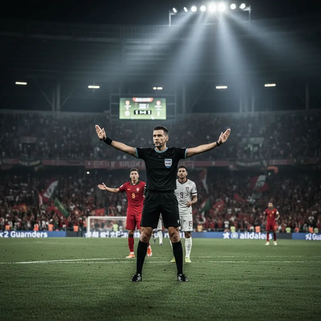 Referee making controversial penalty decision during Porto vs Arouca match, stadium crowd in background