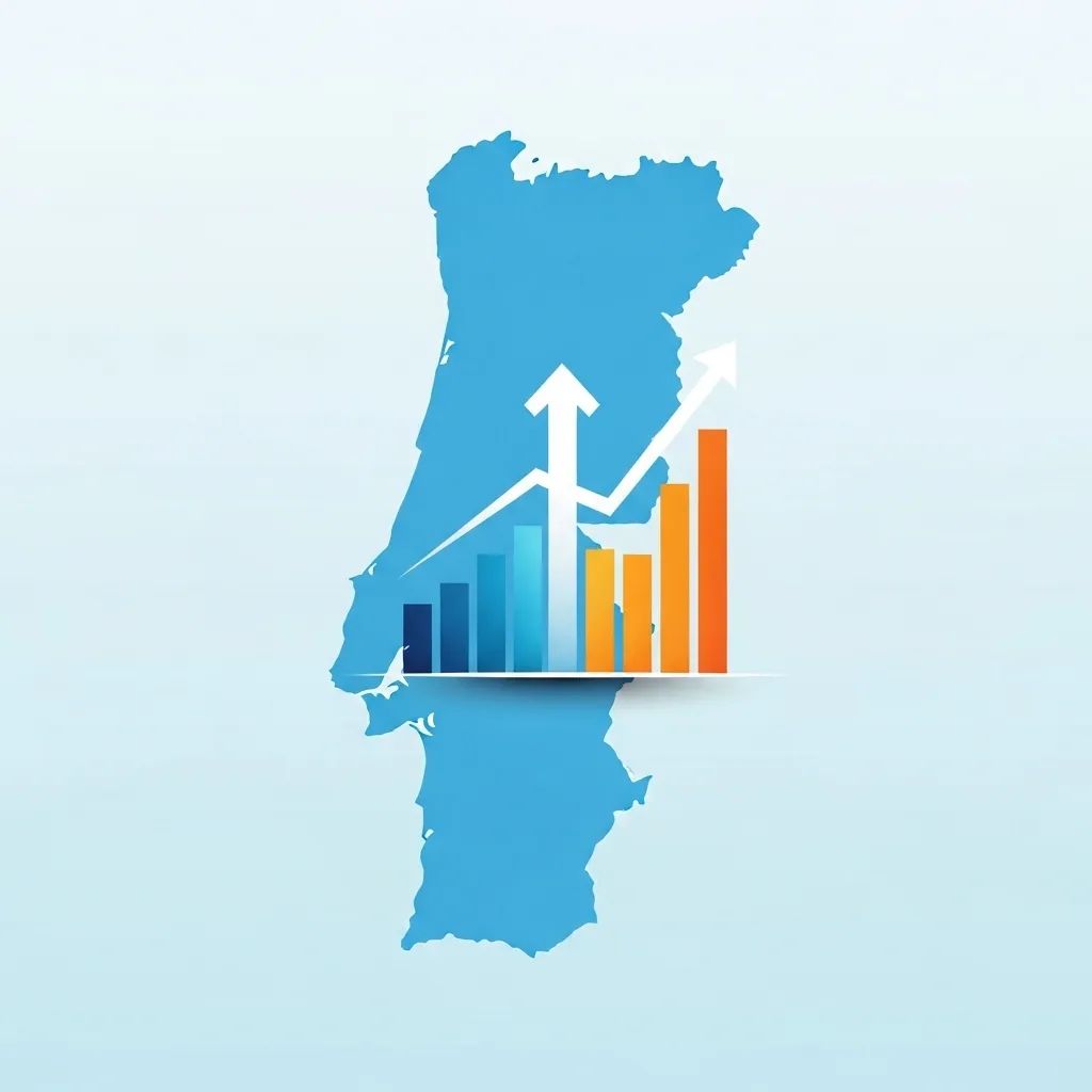 Map of Portugal with rising bar chart and arrow indicating economic growth