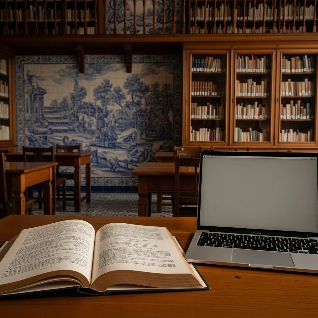 Open antique book and laptop on a desk in a Portuguese library illustrating historical and modern study