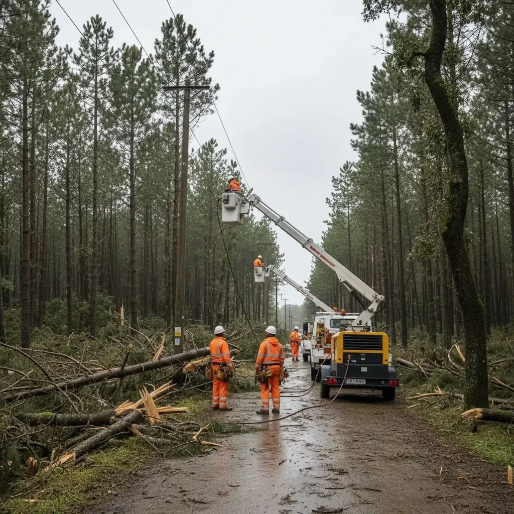 Equipa de técnicos repara cabos de energia danificados por tempestade numa zona florestal de Leiria