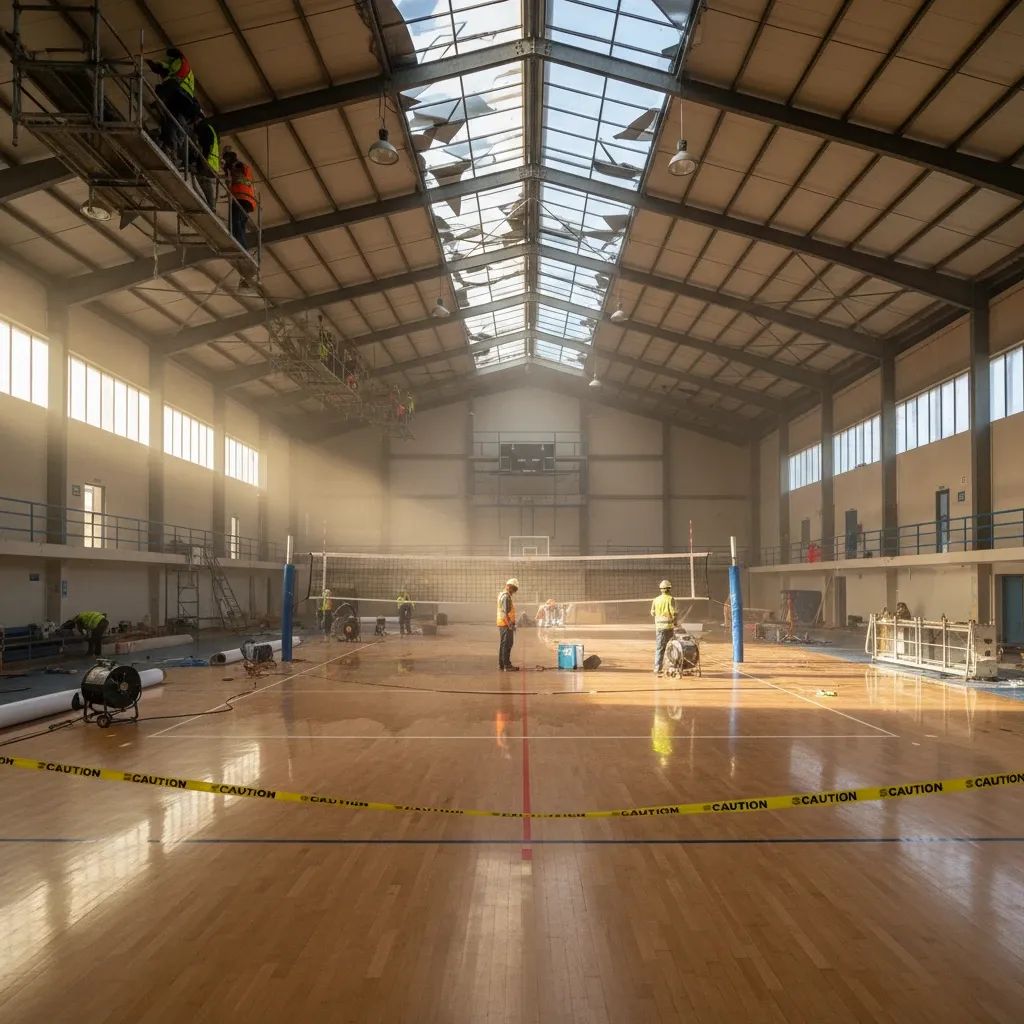 Workers repair storm-damaged indoor volleyball court in Leiria, restoring roof and floor for young athletes' return