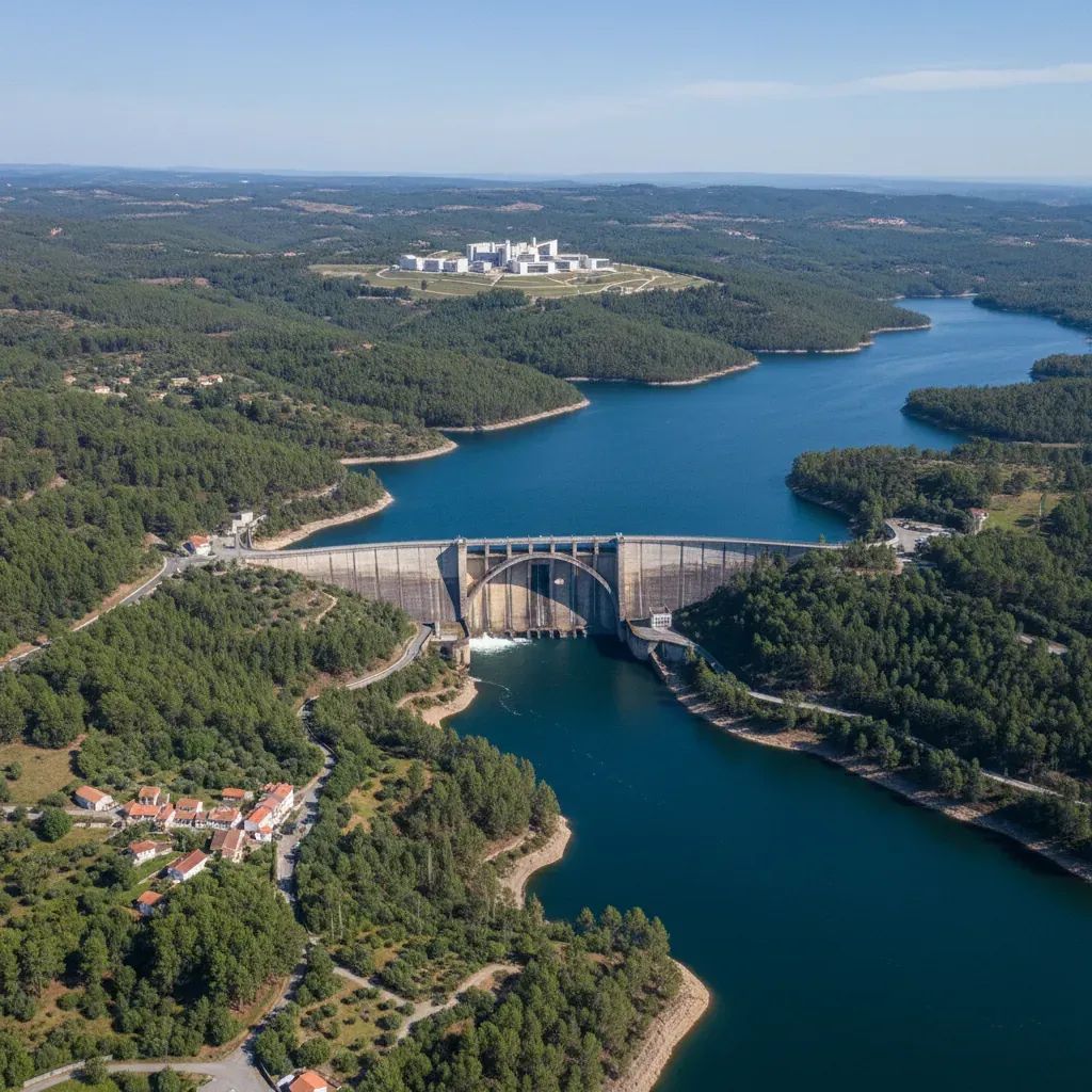 Aerial view of Portuguese dam reservoir at high water level following winter storms