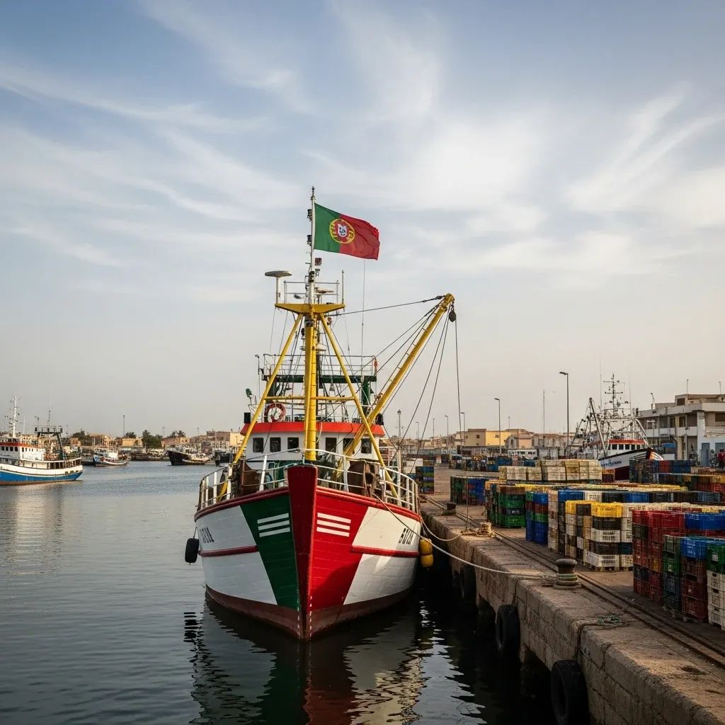 Portuguese-flagged trawler docked at Mindelo harbor with supply crates on the dock