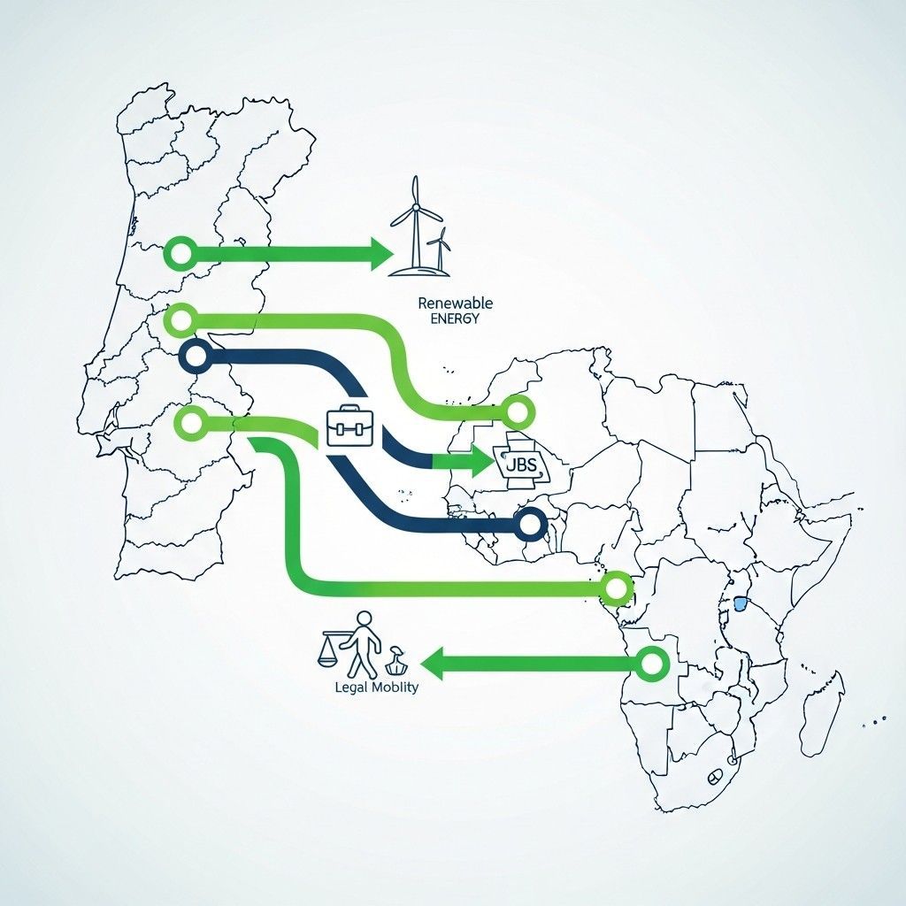 Map of Portugal and Africa connected by arrows with icons for green energy, jobs and legal mobility
