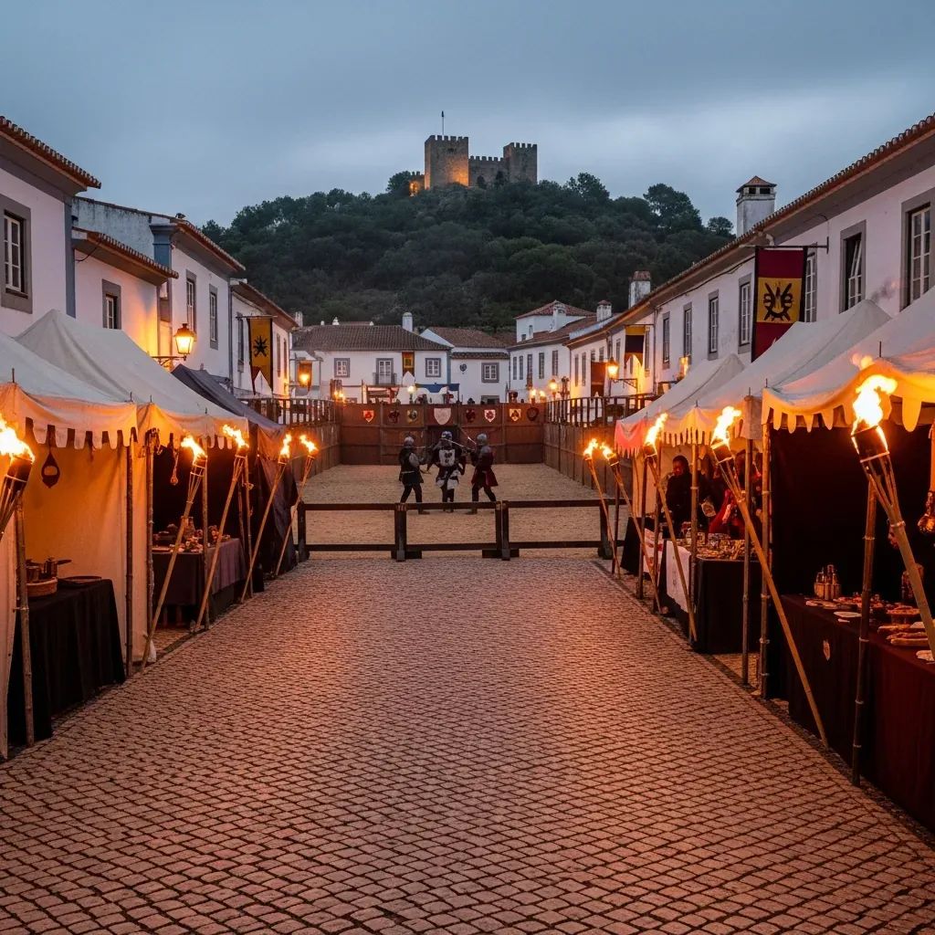 Wide-angle view of Paderne’s medieval fair with artisan stalls, jousting knights and castle silhouette