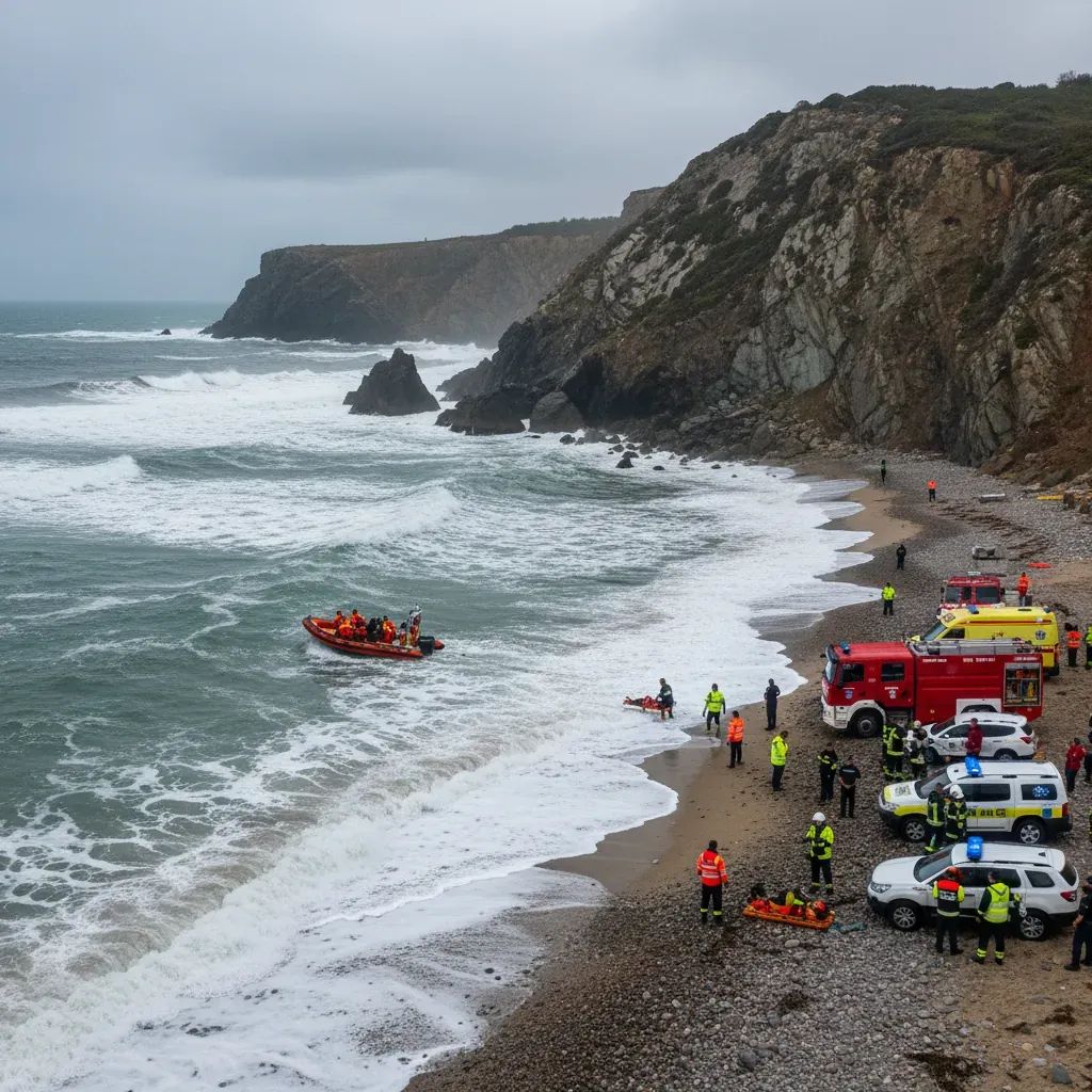 Emergency rescue operation at Portuguese beach with rescue boat and responders during water emergency