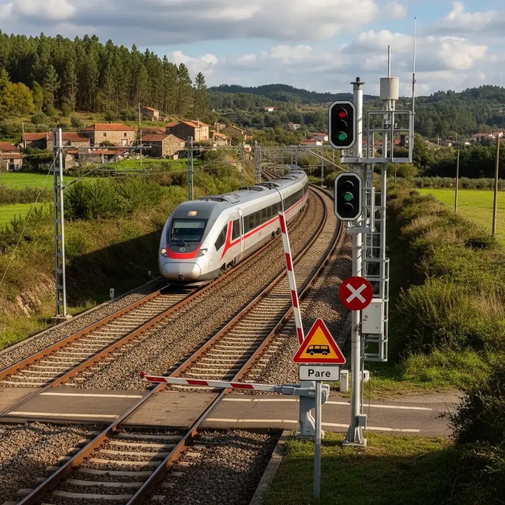 Portuguese railway infrastructure and crossing on Linha do Minho line showing safety equipment and modern modernized tracks