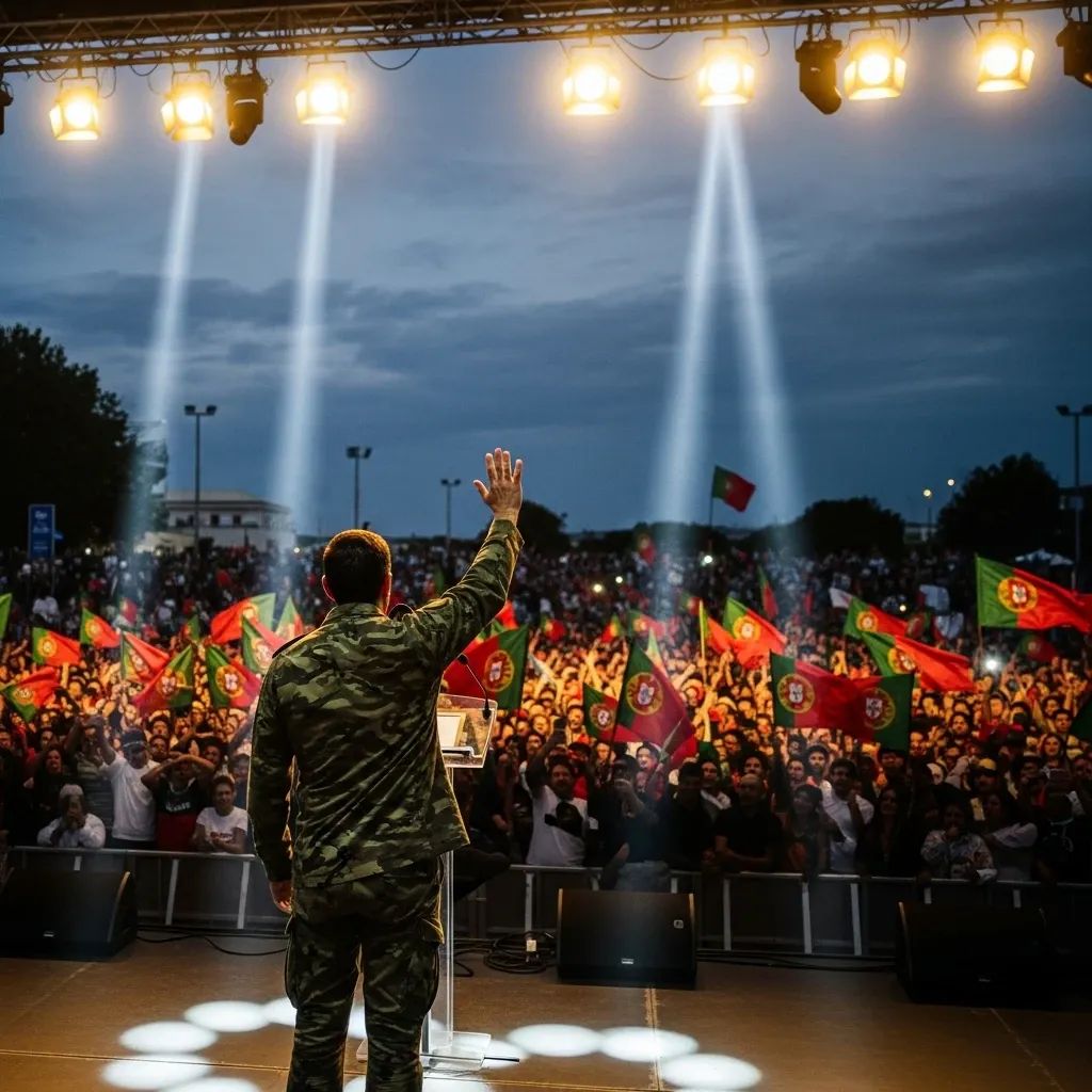 Figure in camouflage jacket on stage at Portuguese political rally with waving flags