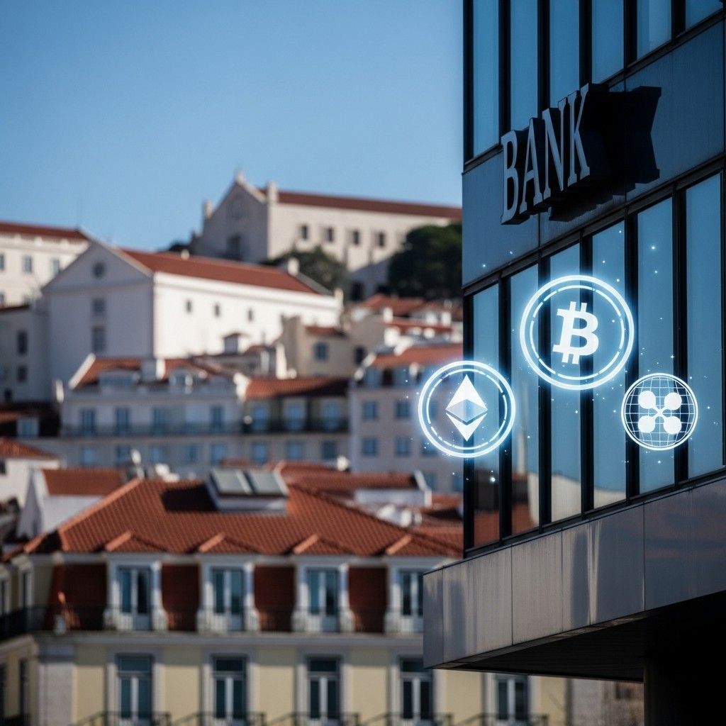 Exterior of a modern bank building with floating cryptocurrency icons in front