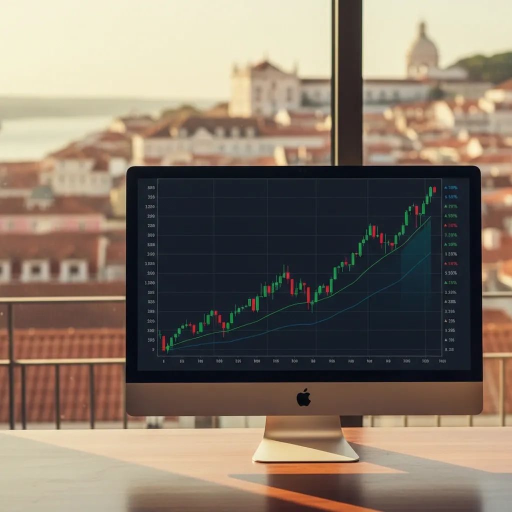 Desktop computer displaying an upward-trending stock chart with blurred Lisbon skyline in the background