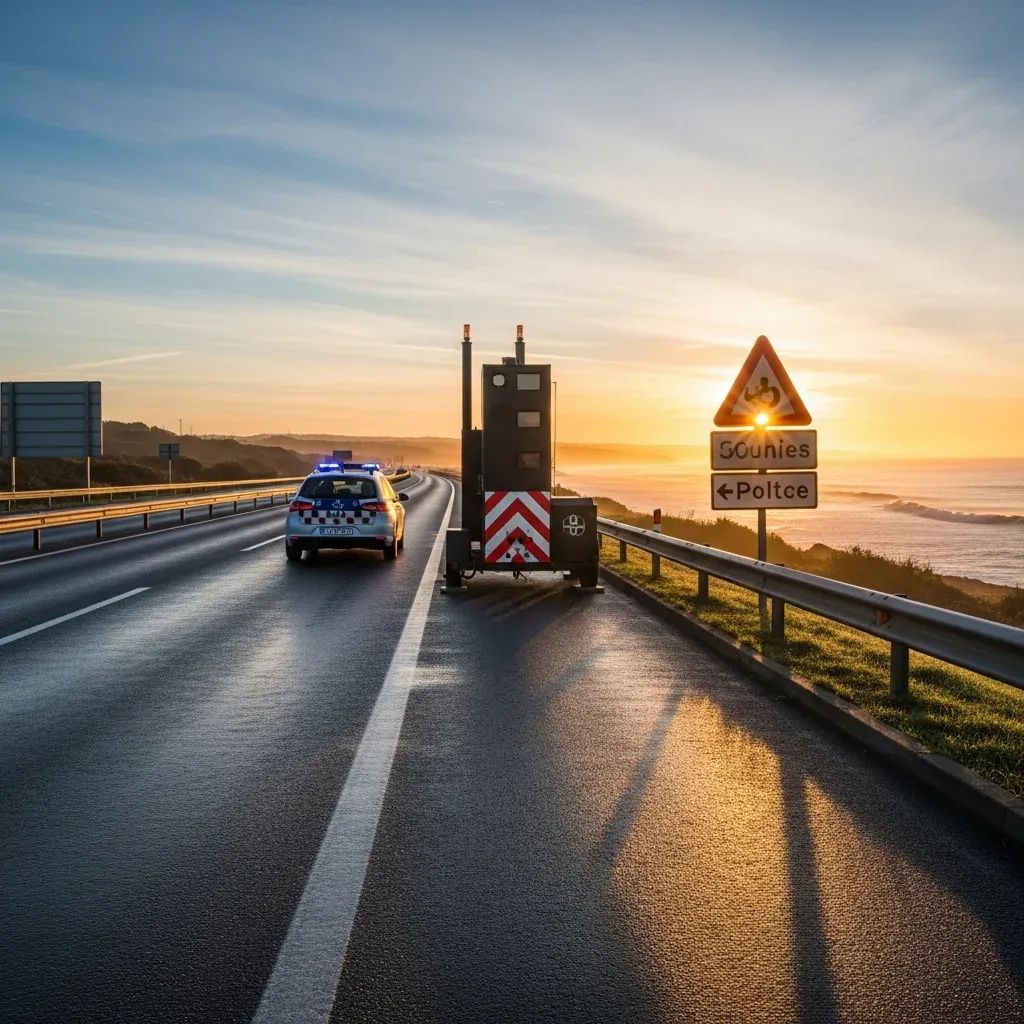 Mobile speed camera on a Portuguese coastal highway at dawn with police car in background