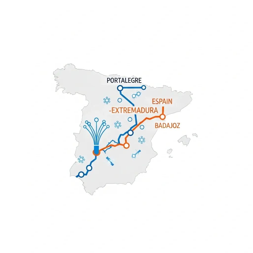 Infographic map showing quantum-secured fiber link between Portalegre and Badajoz