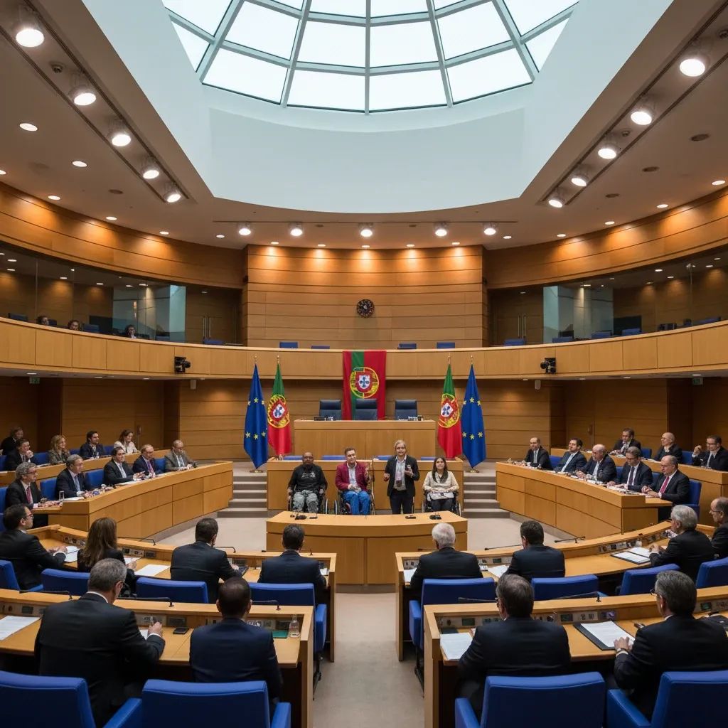 Disability advocates speaking at Portuguese Parliament during forced sterilization ban debate session