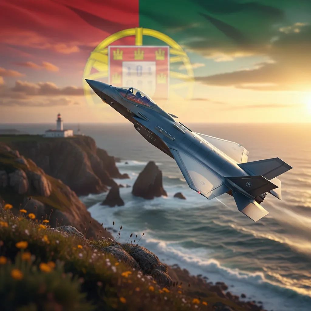 Modern fighter jet aircraft in flight over Portuguese coastal waters during daytime