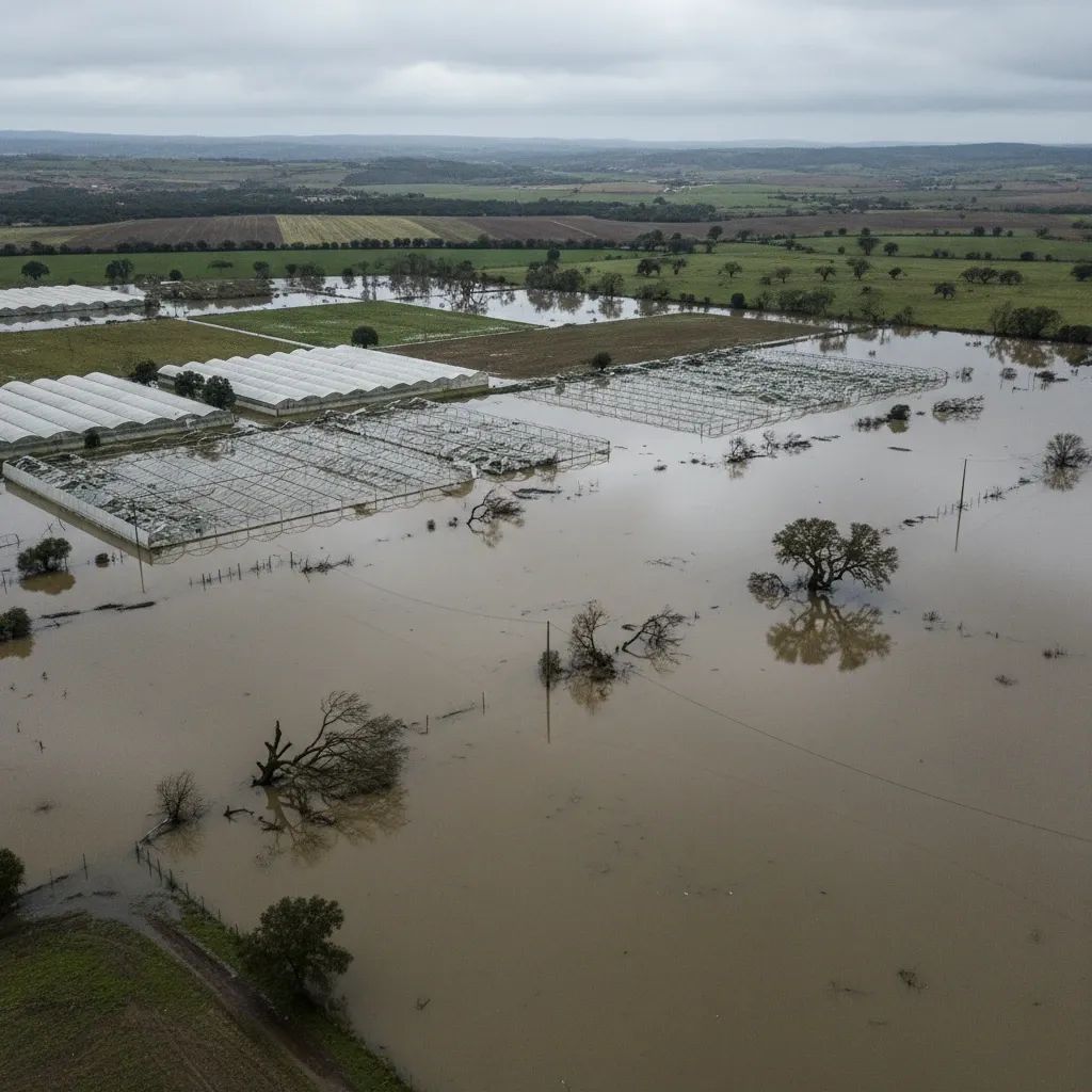 Aerial view of storm-damaged Portuguese farmland with flooded fields and broken greenhouses