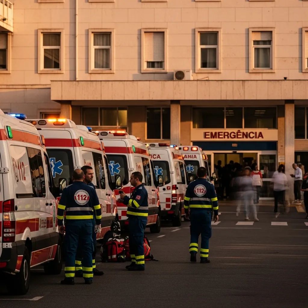 Ambulances queued outside a busy hospital emergency entrance during a flu surge