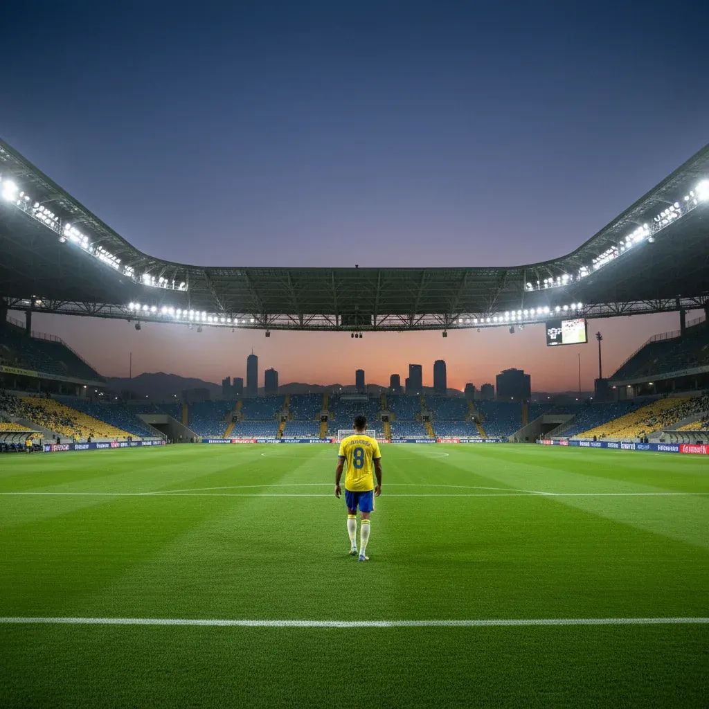 Wide view of Saudi stadium at dusk with lone player in yellow-blue kit walking onto flood-lit pitch