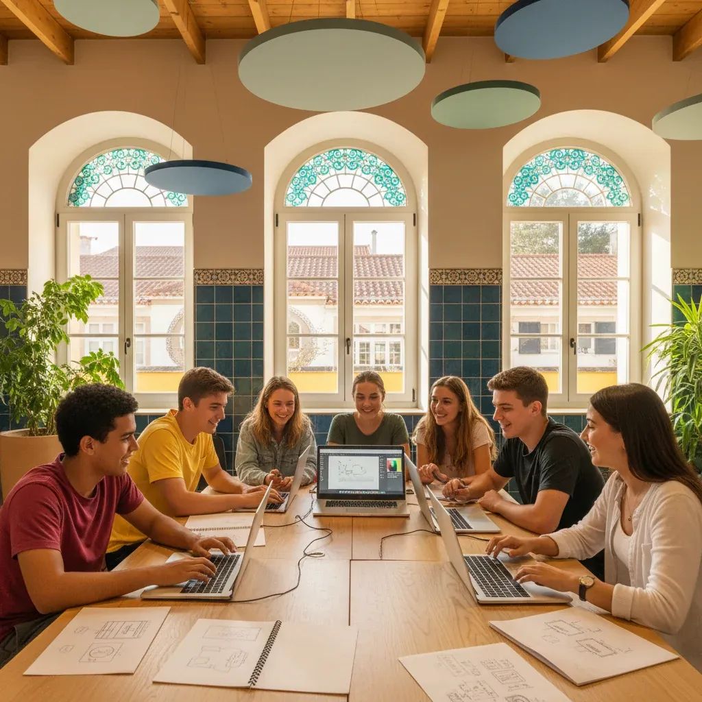 Diverse group of Portuguese teenagers collaborating on AI design project at school workshop