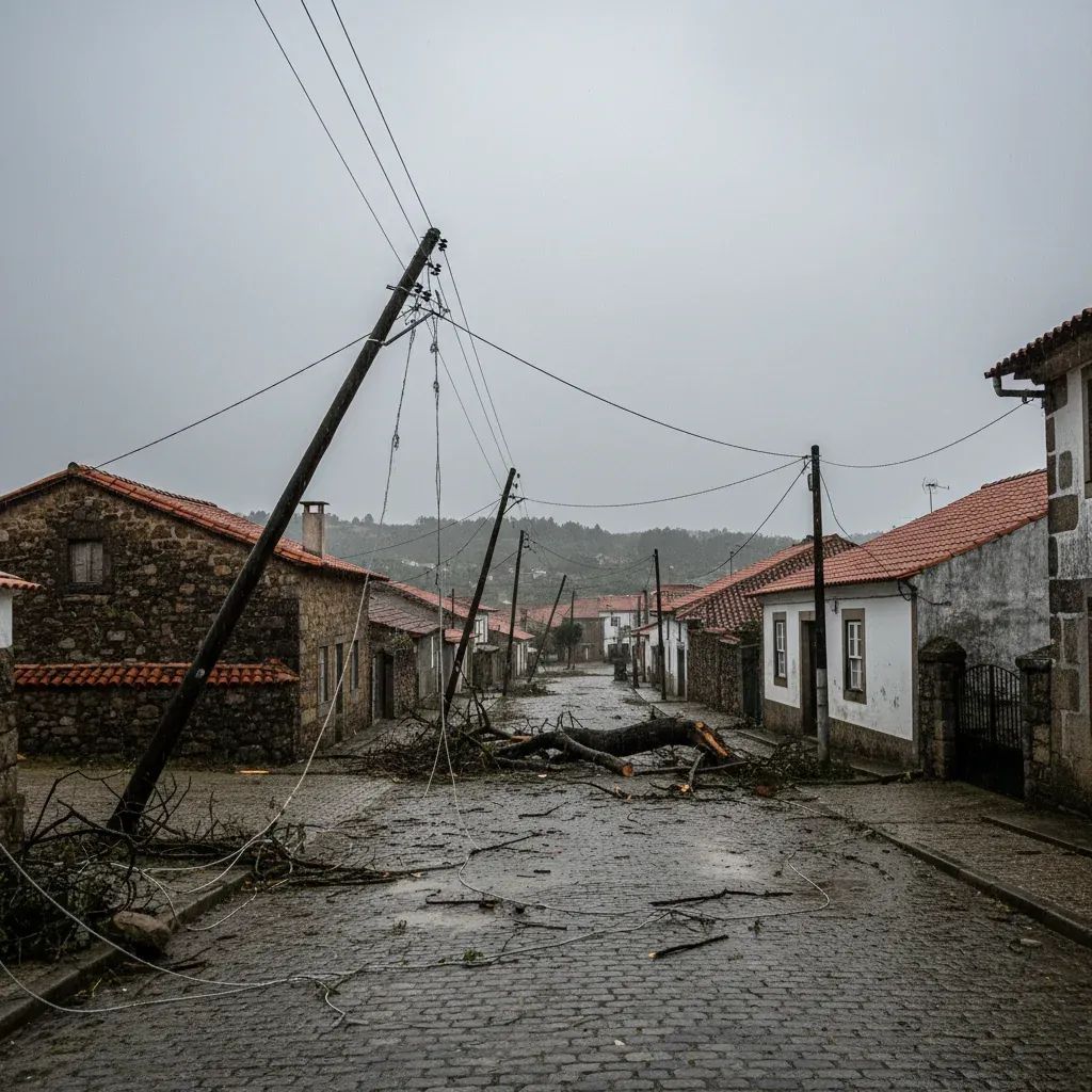 Portuguese village street showing damaged power lines and darkened homes after storm damage
