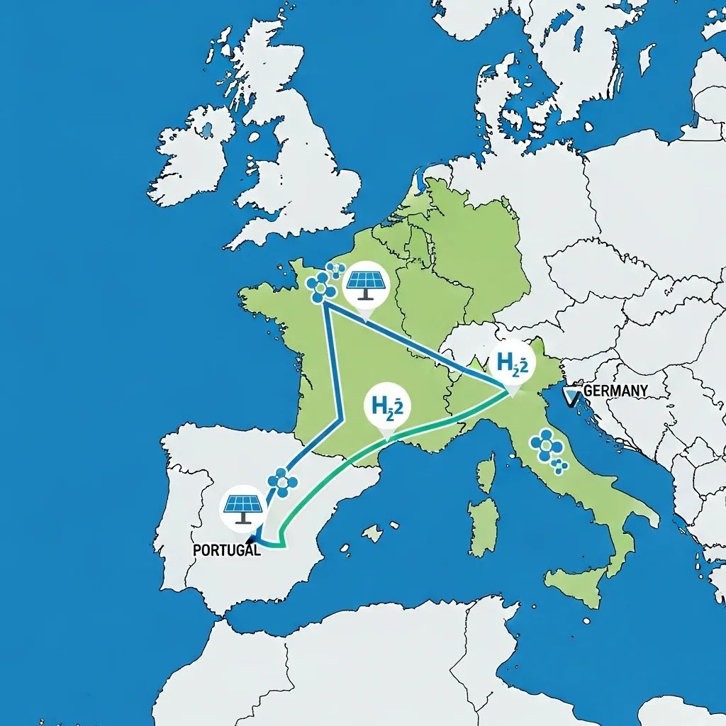 Infographic map displaying Portugal-to-Germany hydrogen pipeline and solar energy export route